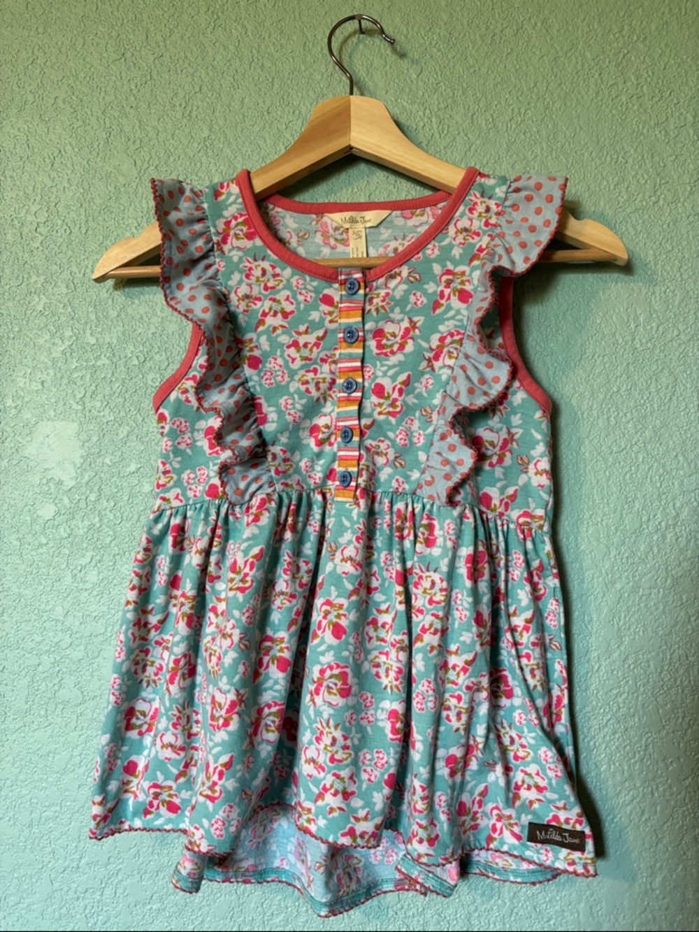 Matilda Jane Teal Pink Floral Ruffle Tunic Top Girls Size 10 Like New